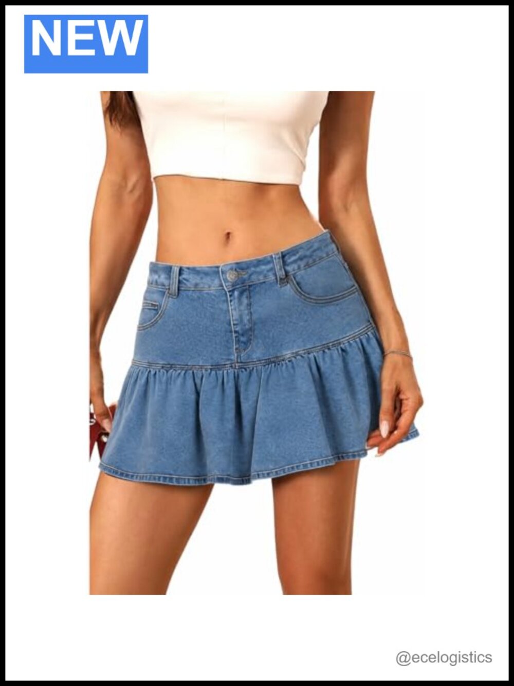 High Waist Denim Mini Skirt Ruffle Hem A-Line with Pocket Casual